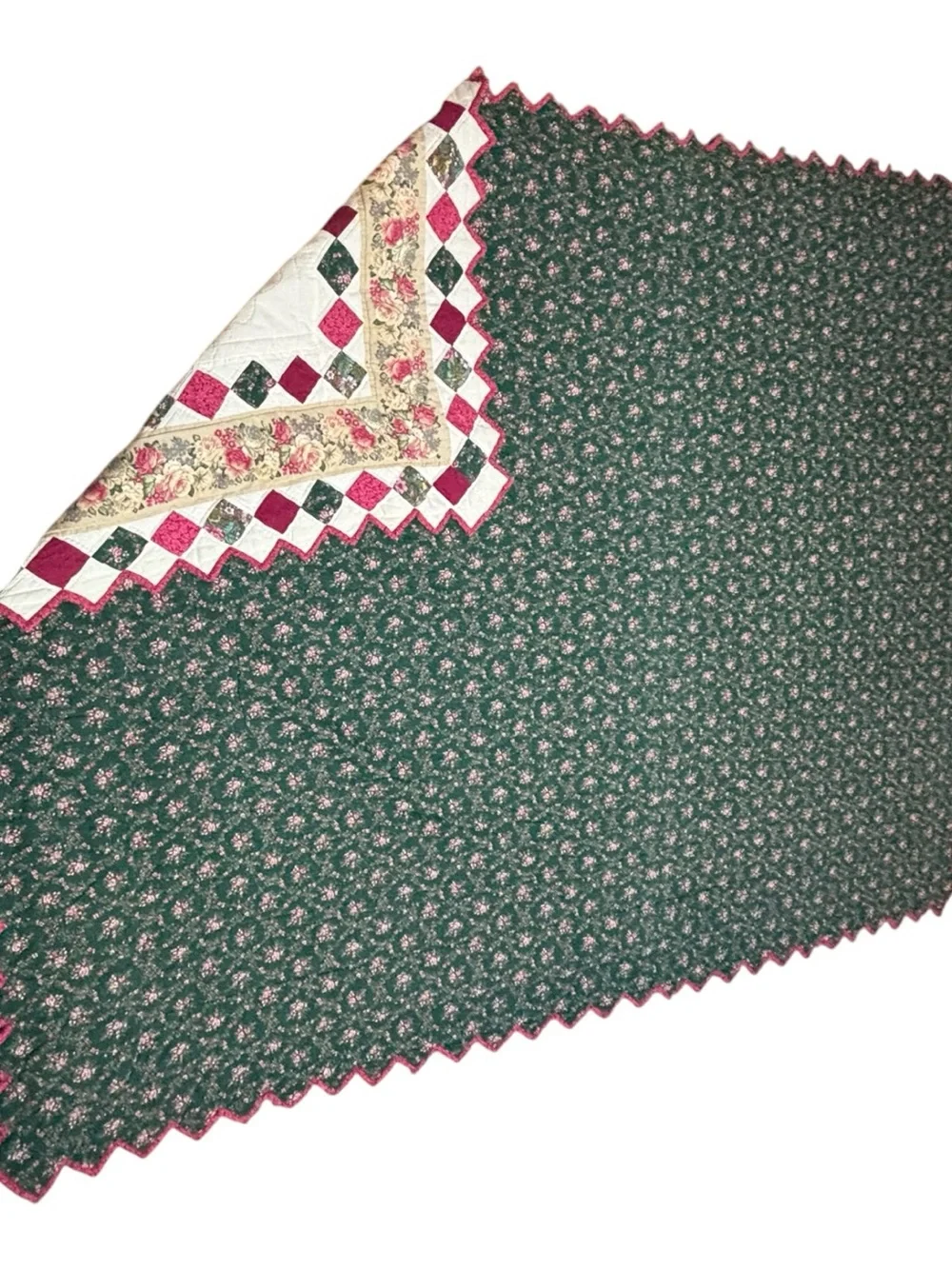 Vint Floral Patchwork Quilt Twin Center Medallion Sawtooth Trim Burgundy Green